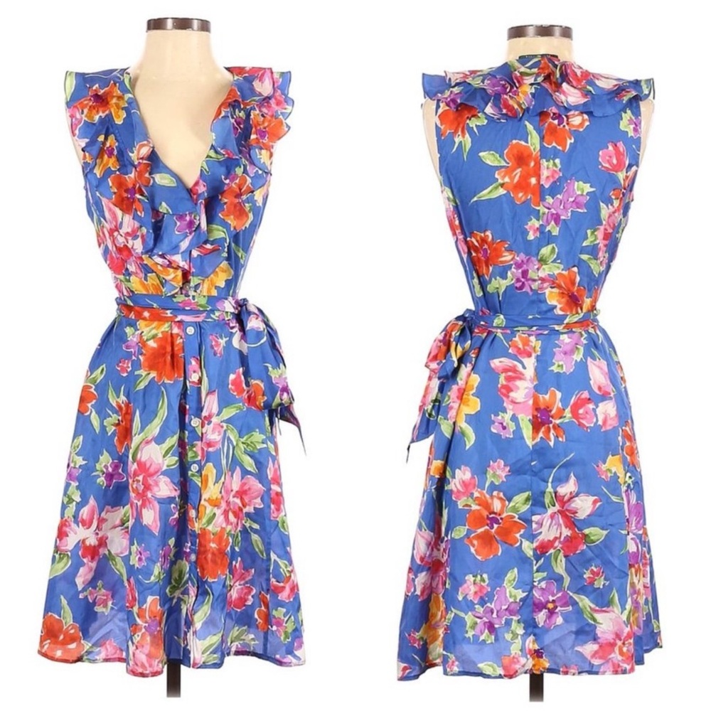 Lauren Ralph  Lauren Exclusive Silk Floral Ruffle Button Front Dress Size 6